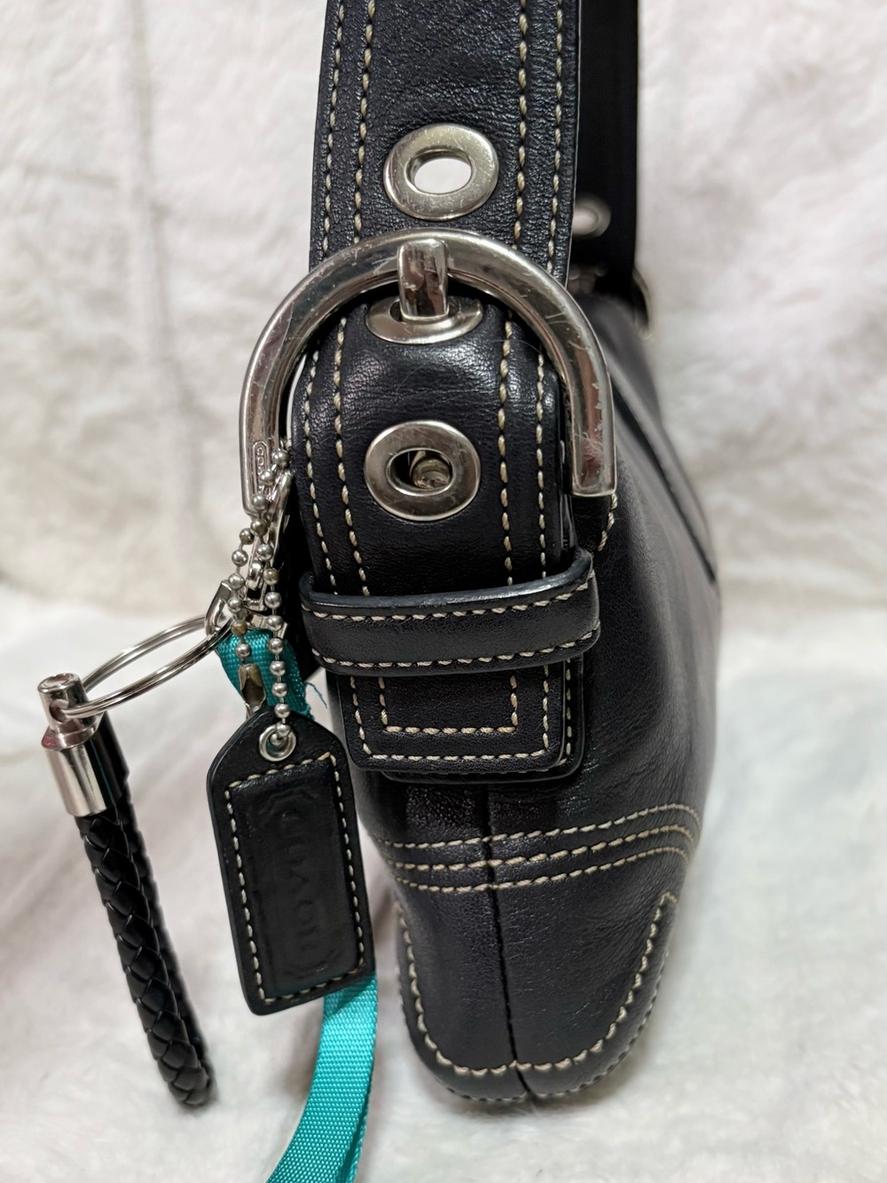 Coach Black Leather Shoulder Bag with Silver-Tone Buckle - Picture 7 of 11